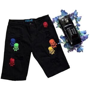 Preme NWOT Skulls Distressed Black Wash Jean Shorts Men W32